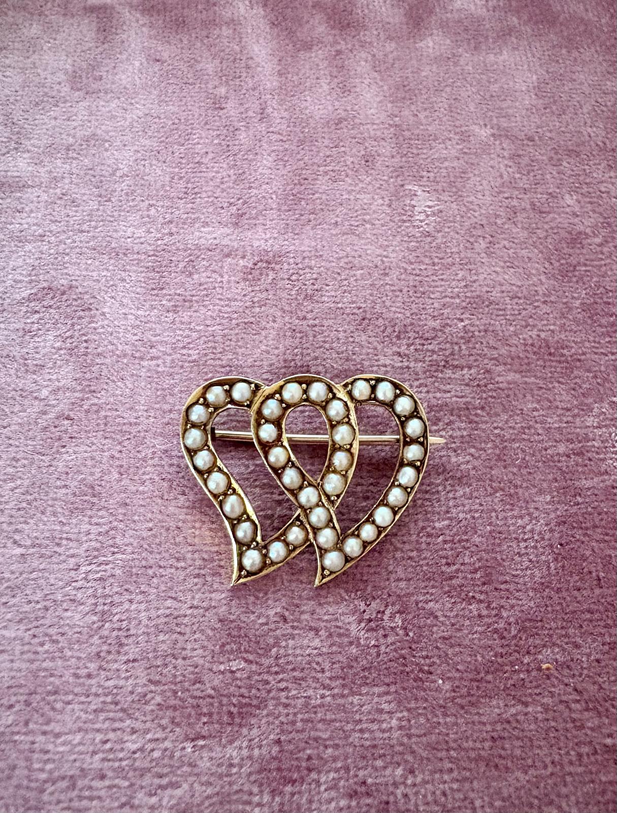 Early 20th Century Split Pearl Double Heart Brooch