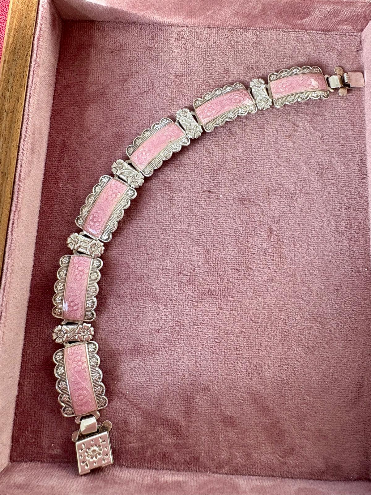 Exceedingly Pretty 1940's Pink Guilloche Enamel and Silver Bracelet