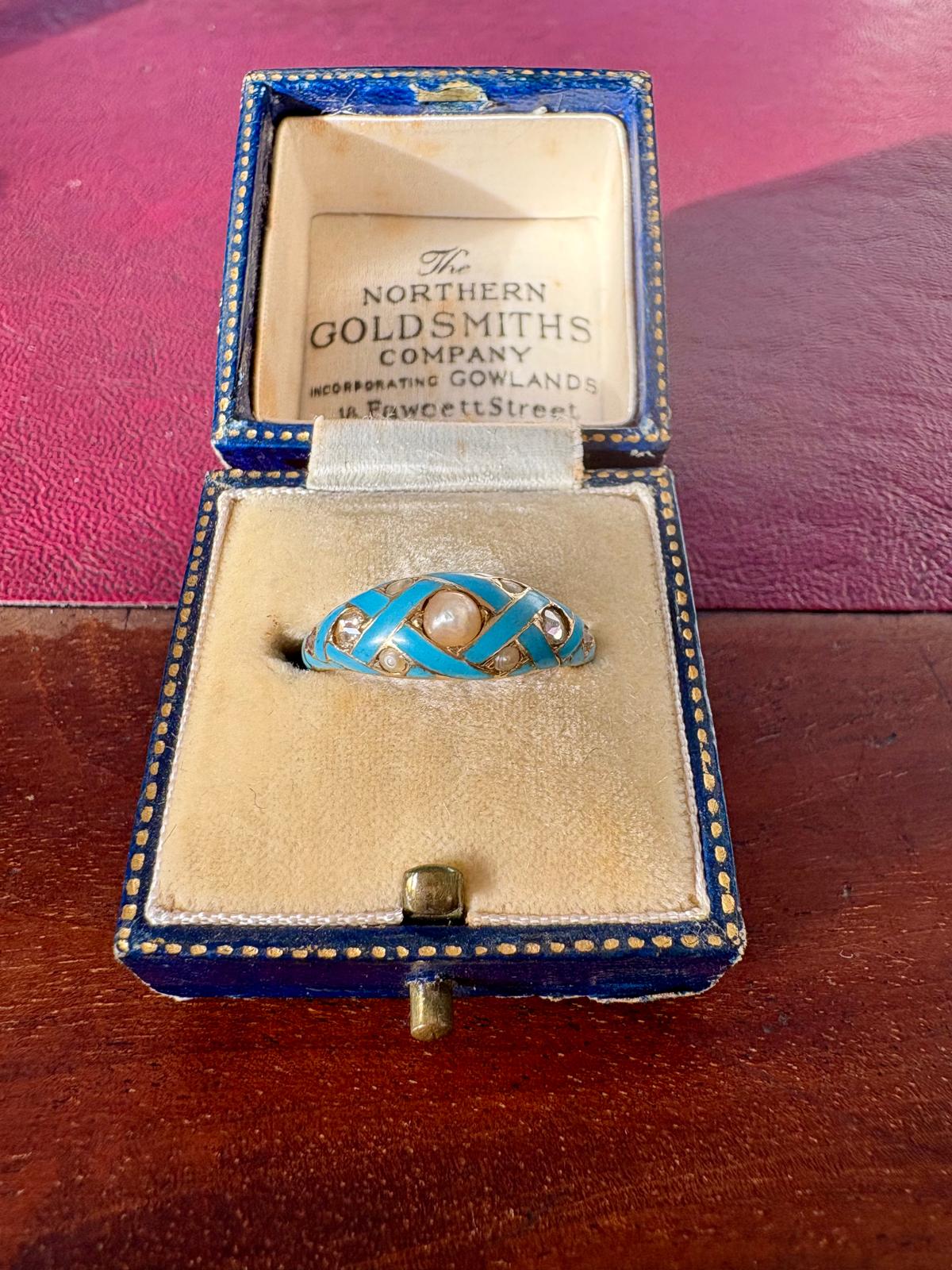 Exquisite Late 19th Century 18ct Gold Turquoise Enamel Diamond and Pearl Ring