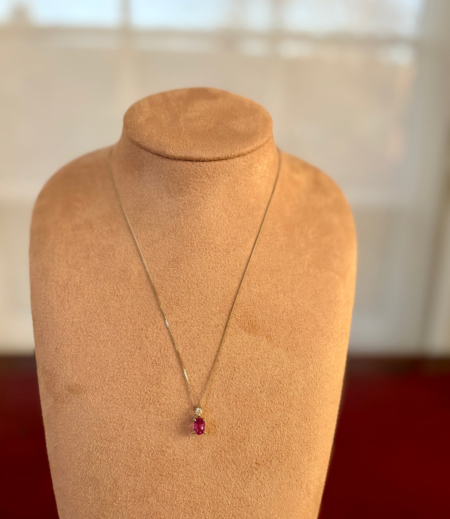 Stunning Modern Platinum, Pink Sapphire and Diamond Pendant on a 9ct Gold Chain