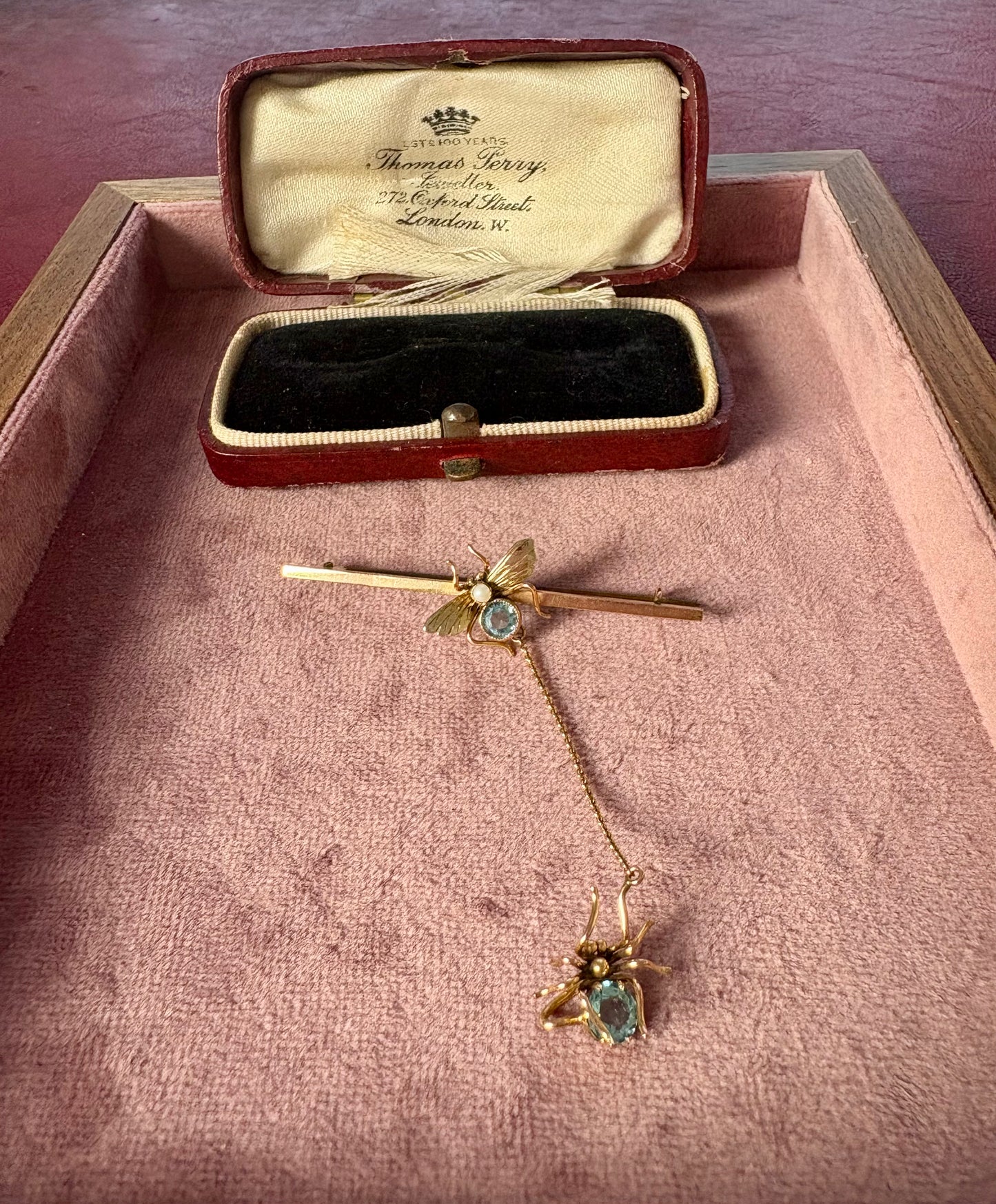 The Most Charming Early 20th Century 9ct Gold Paste Spider & Fly Bar Brooch in its Original Box