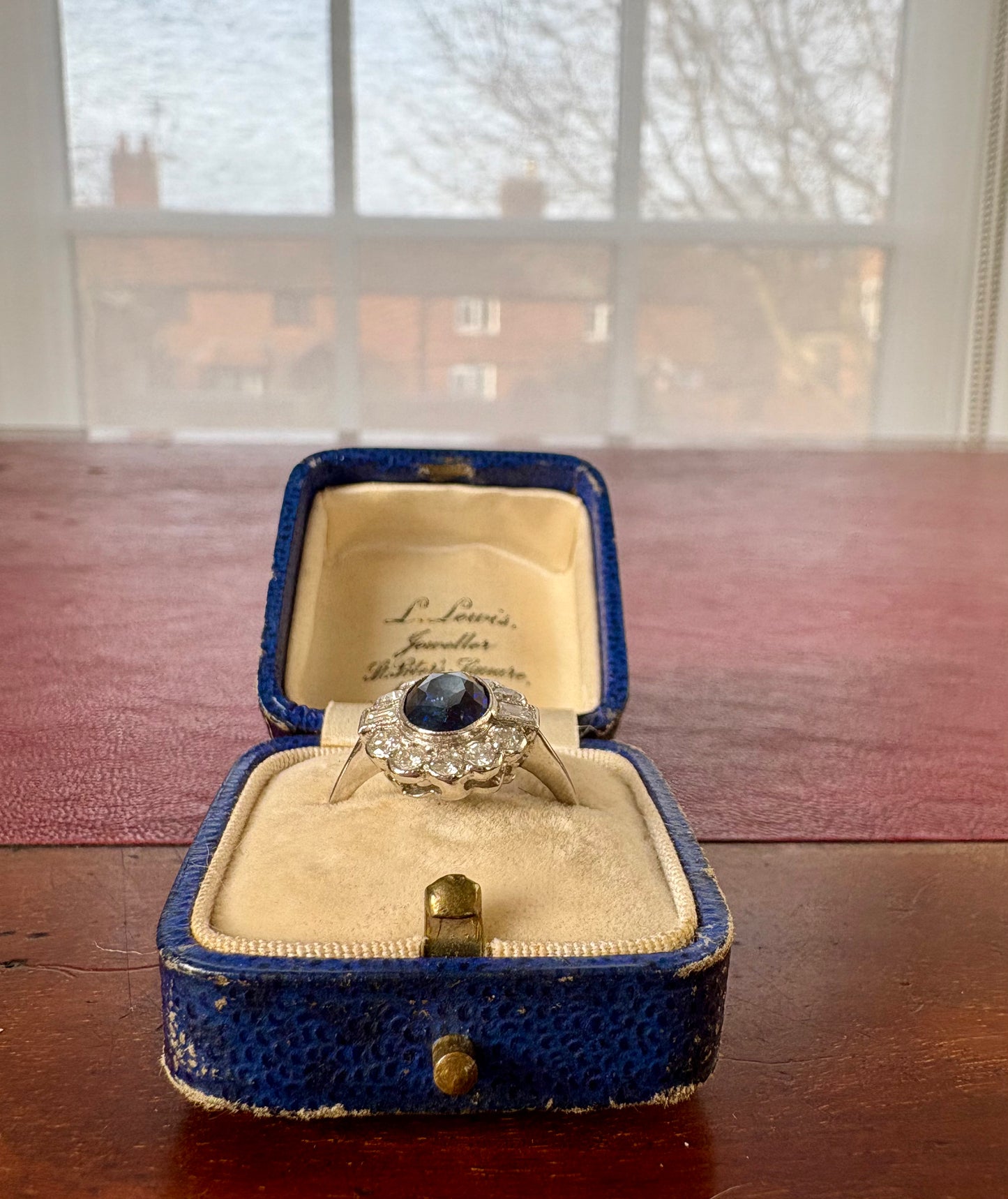 Stunning Modern Platinum, Blue Sapphire and Diamond Cluster Ring