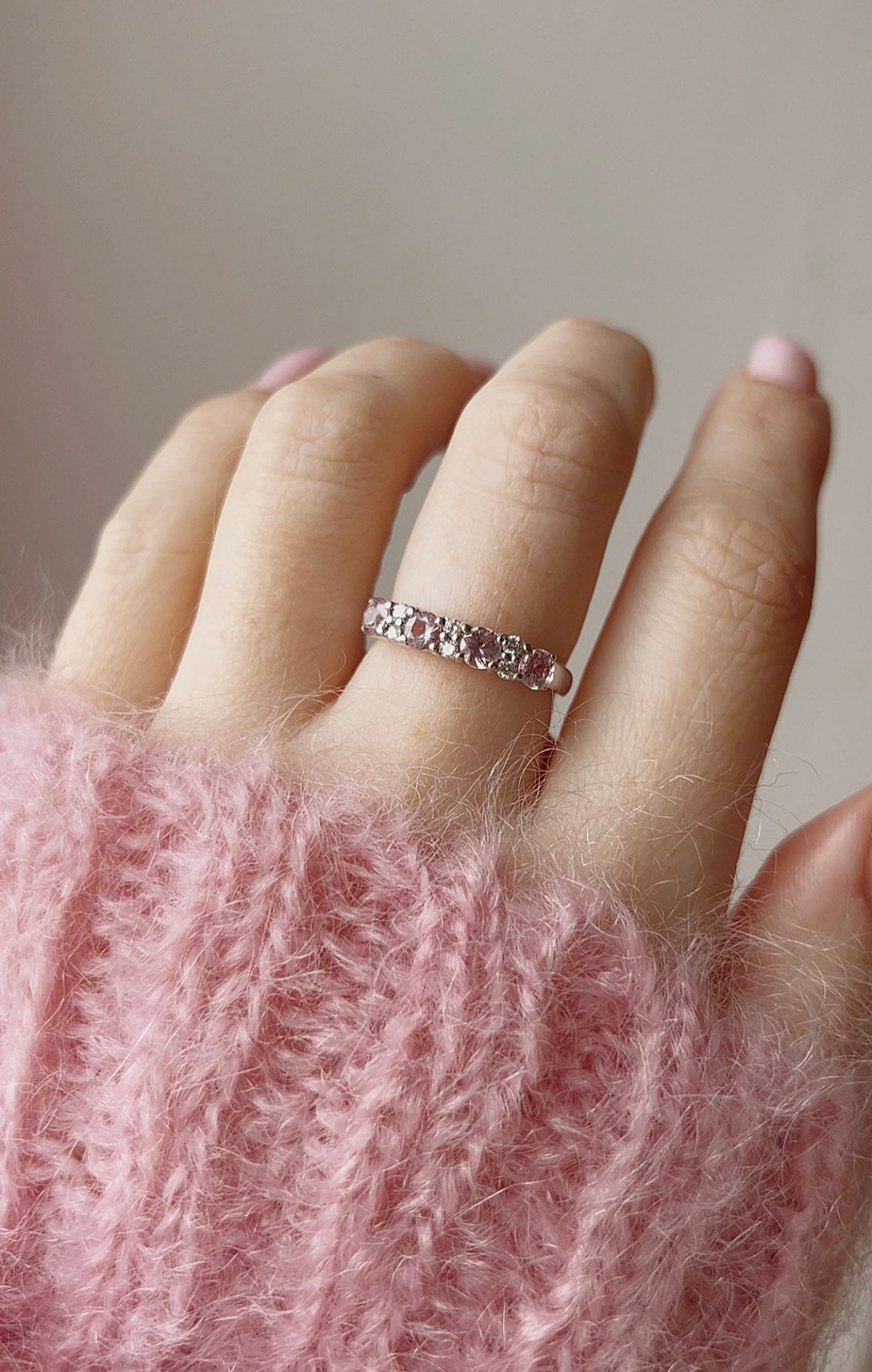 Gorgeous Modern 18ct White Gold Pink Sapphire and Diamond Eternity Ring