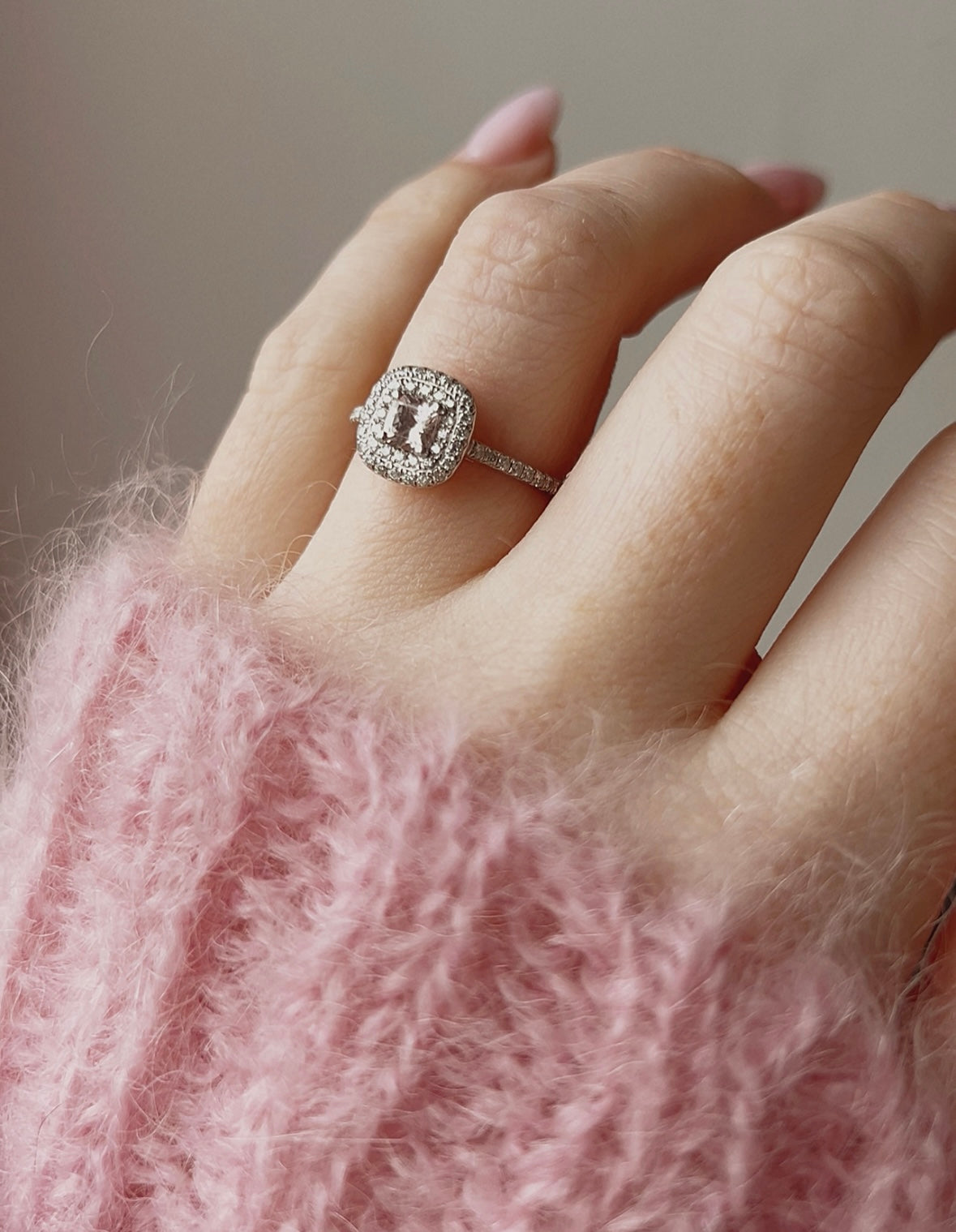 Beautiful Modern Platinum, Pink Morganite and Diamond Halo Ring