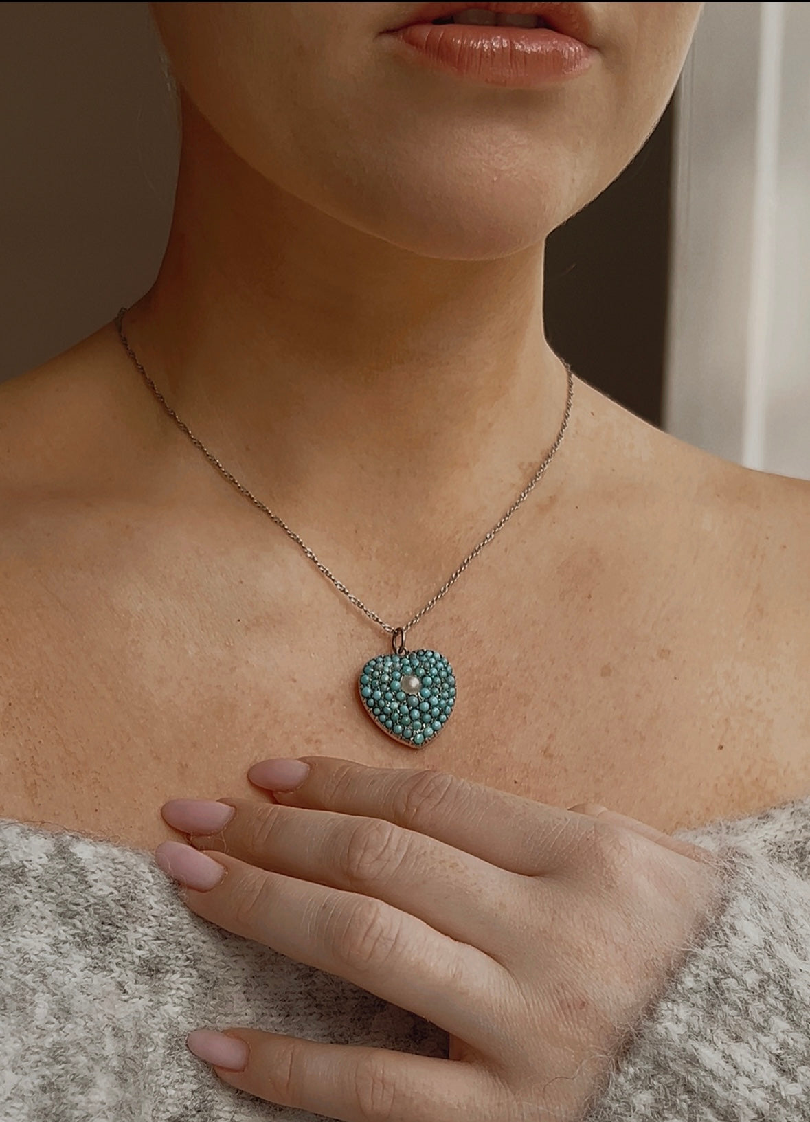 Exquisite Antique Turquoise and Pearl Heart Pendant