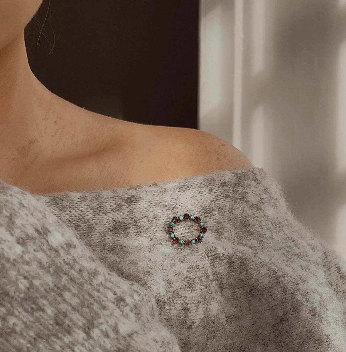 The Sweetest Georgian Garnet and Turquoise Wreath Brooch