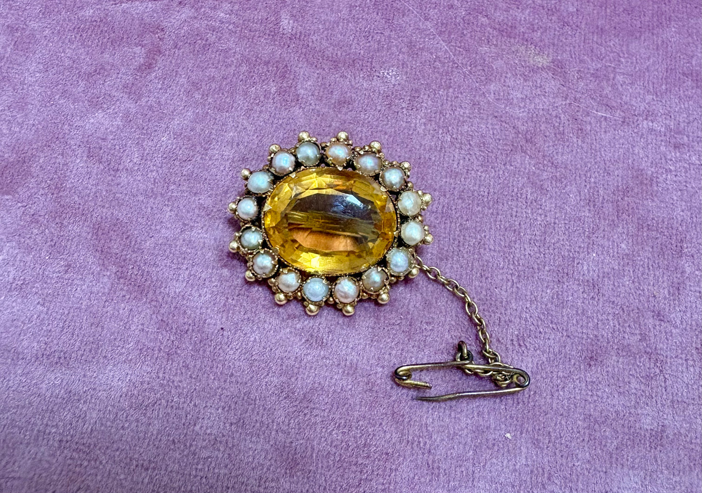 Stunning Victorian Citrine and Split Pearl Cluster Brooch with Safety Pin
