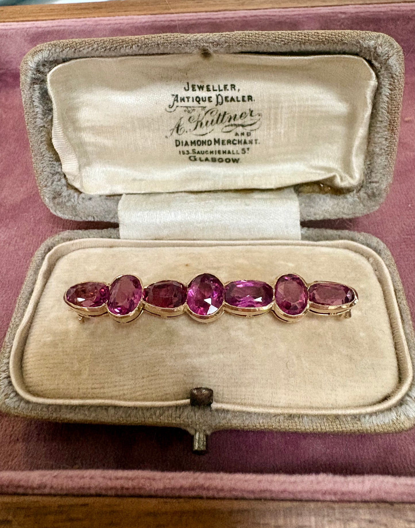 Stunningly Beautiful Early 20th Century Gold, Pink Garnet Brooch in Original Case