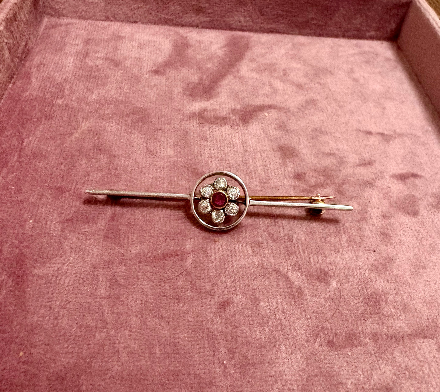 Gorgeous Early 20th Century Ruby and Diamond Bar Brooch