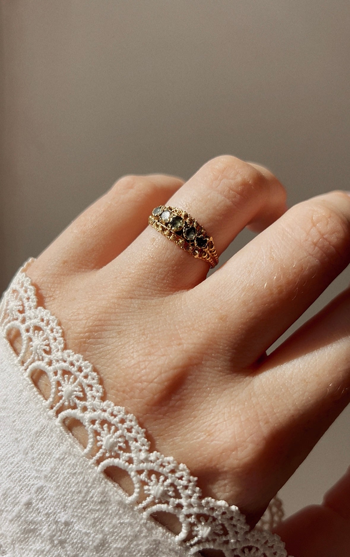 Remarkable Georgian Green and Colourless Gem Foiled Backed Five Stone Ring