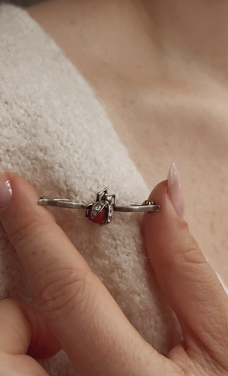 Wonderful Antique 14k Gold, Coral and Old-Cut Diamond LadyBird Brooch