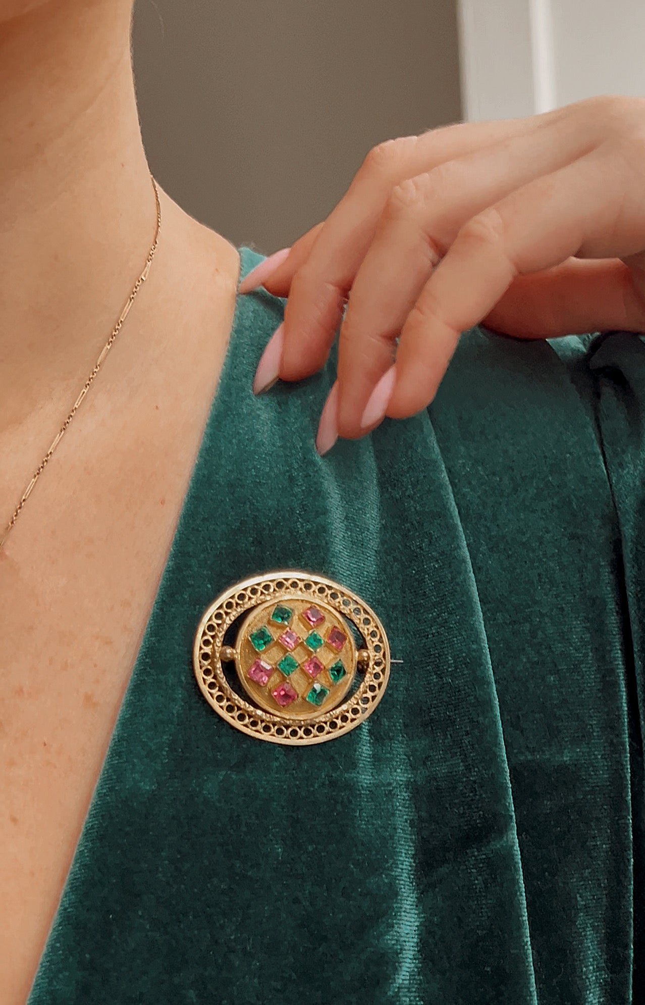 Striking Gilt Brooch with Pink and Green Stones