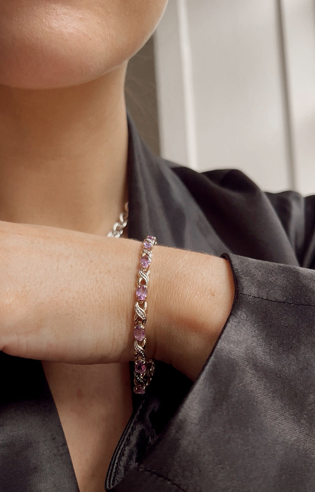 Pretty Vintage 9ct Gold, Amethyst and Diamond Bracelet