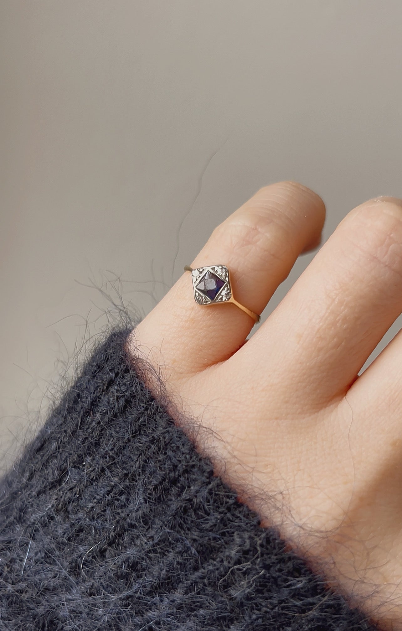 Adorable Antique Gold, Blue sapphire and Diamond Pinkie Ring