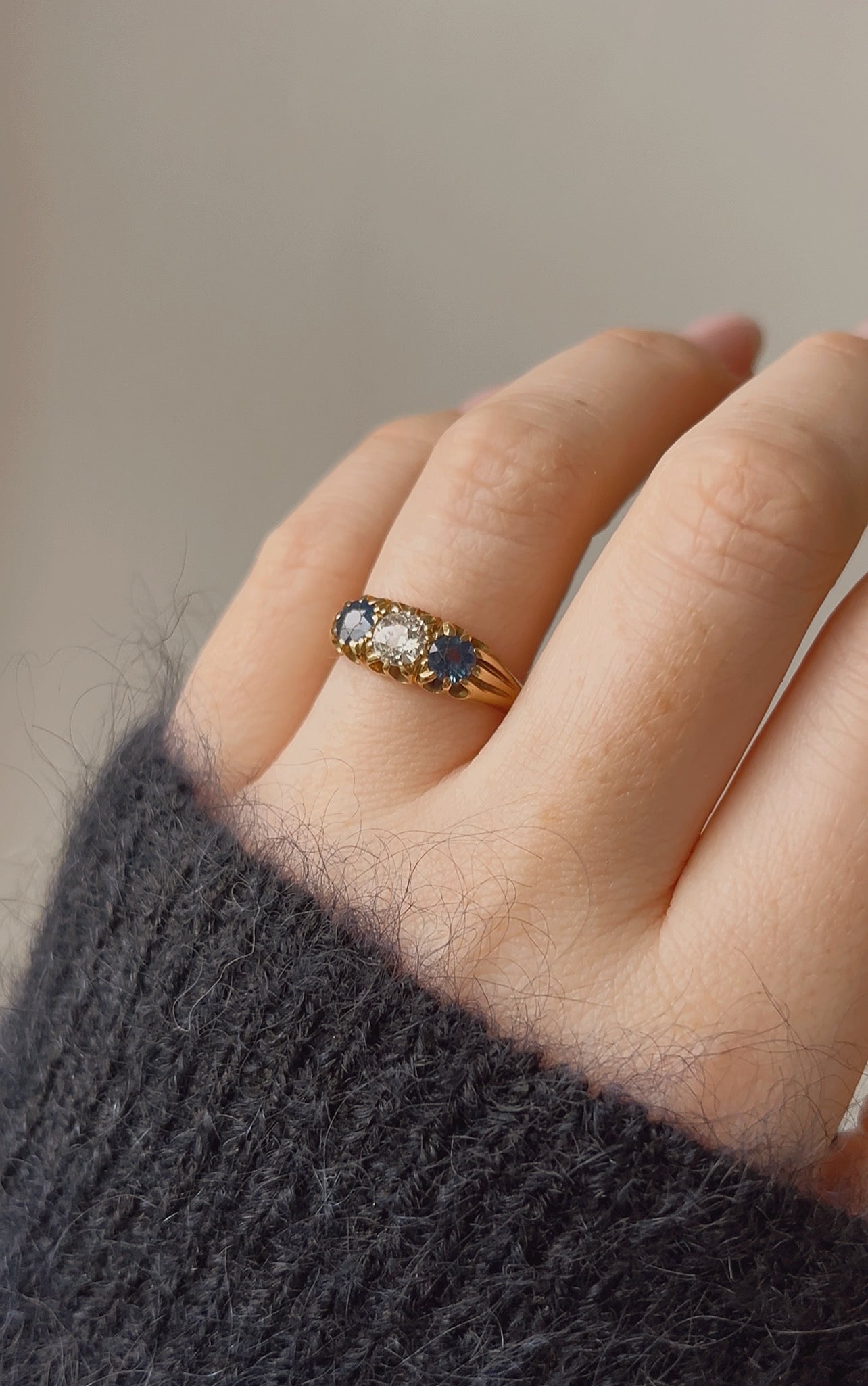 Gorgeous Victorian 18ct Gold, Blue Sapphire and Diamond Three Stone Ring
