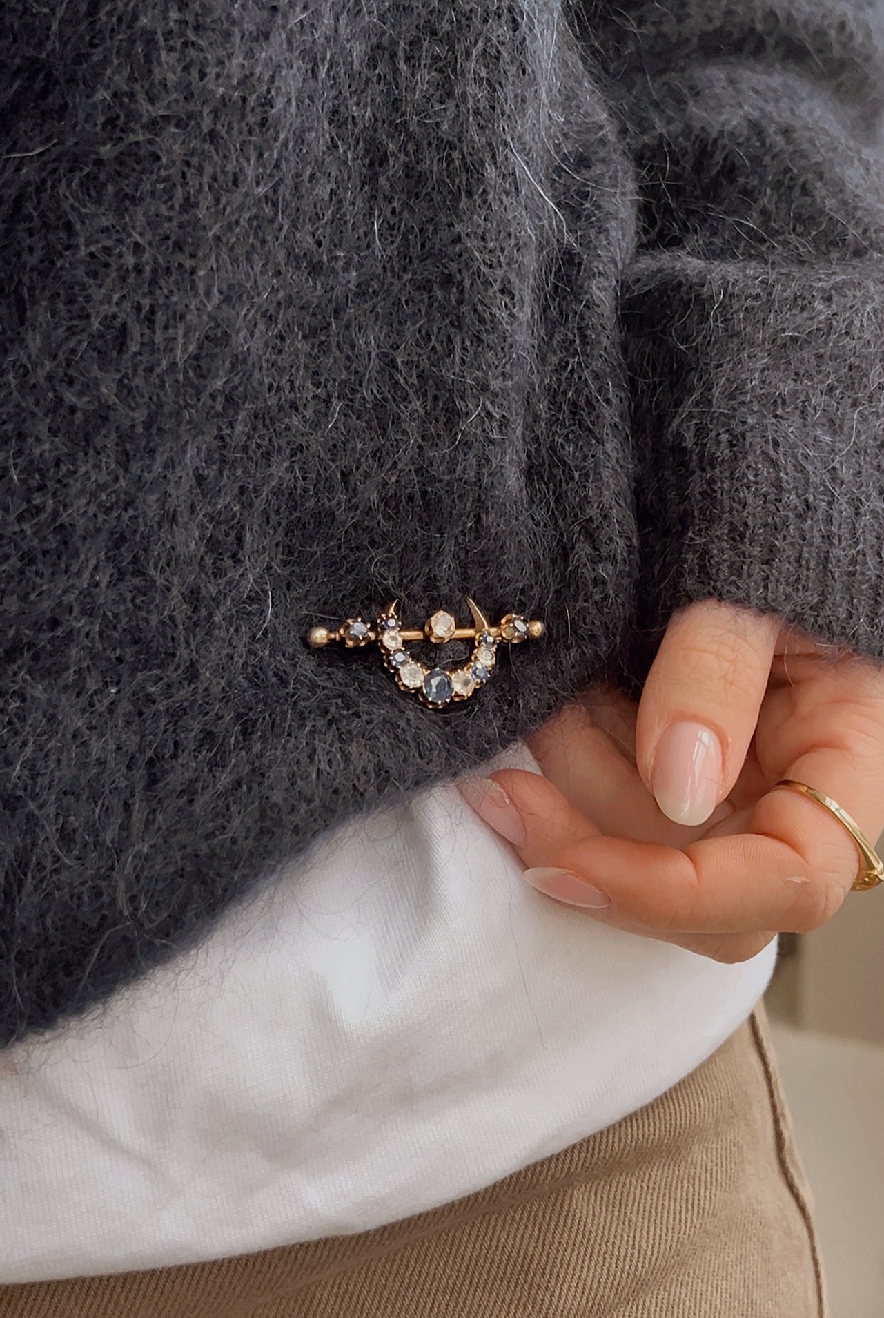 Exquisite Blue Sapphire and Colourless Gem Crescent and Stars Brooch