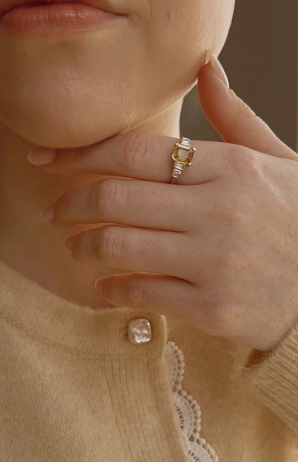 Gorgeous Art Deco Style Platinum, Yellow Sapphire and Diamond Ring
