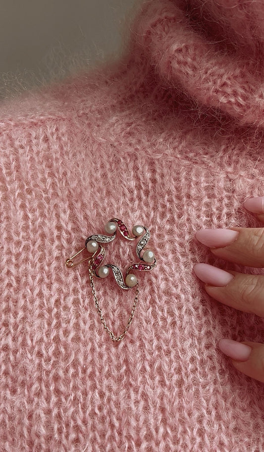 Beautiful Early 20th Century Pearl, Ruby and Diamond Brooch