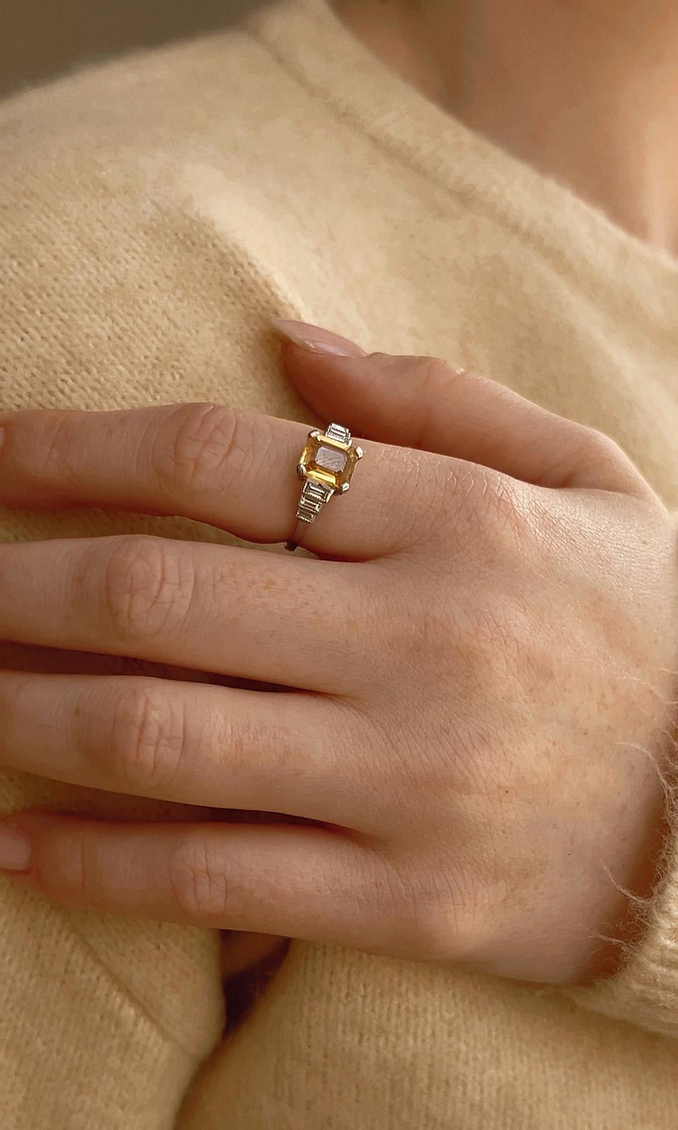 Gorgeous Art Deco Style Platinum, Yellow Sapphire and Diamond Ring
