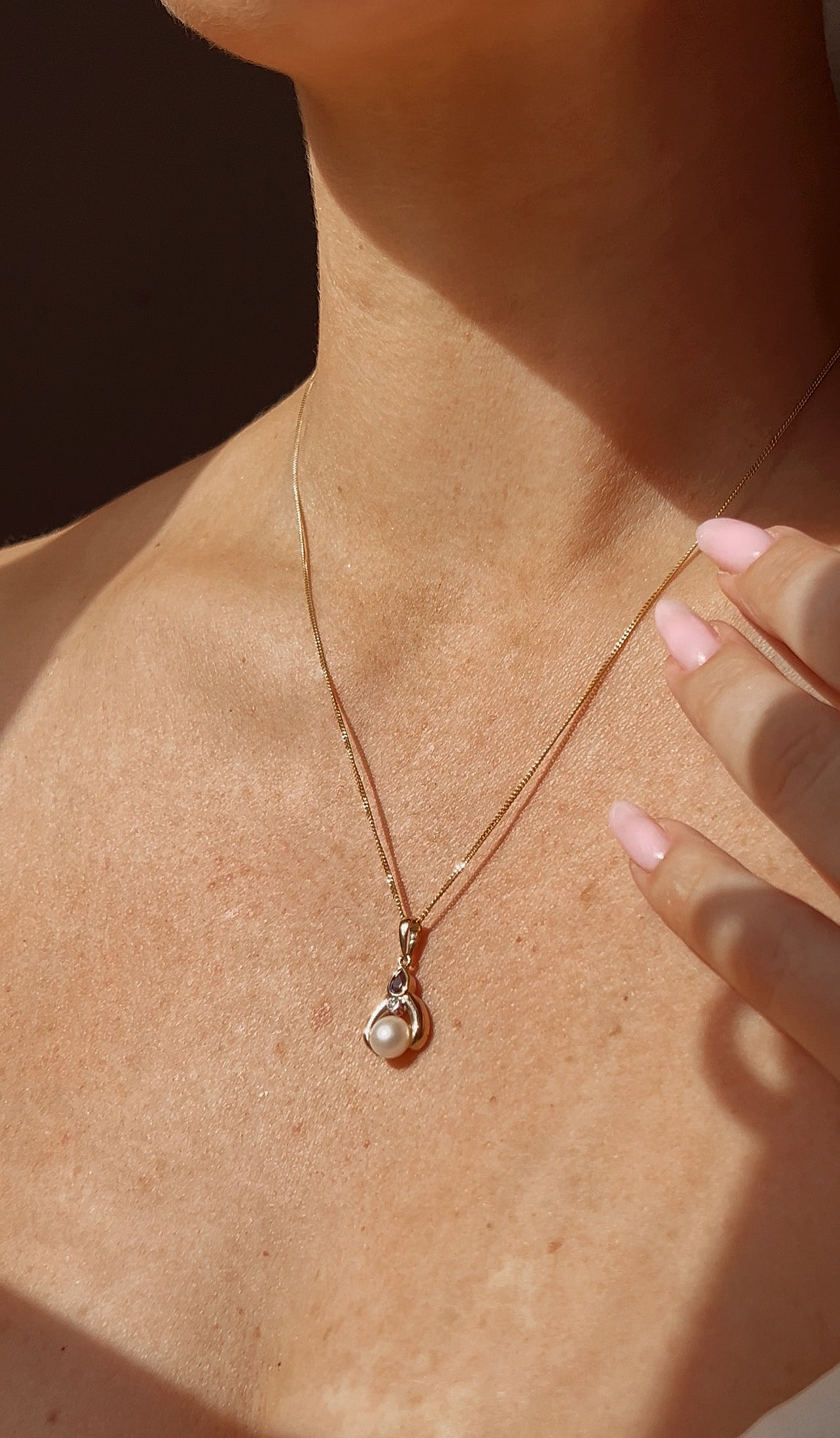 Sweet Vintage 9ct Gold Cultured Pearl, Sapphire and Diamond Pendant on a 9ct Gold Chain