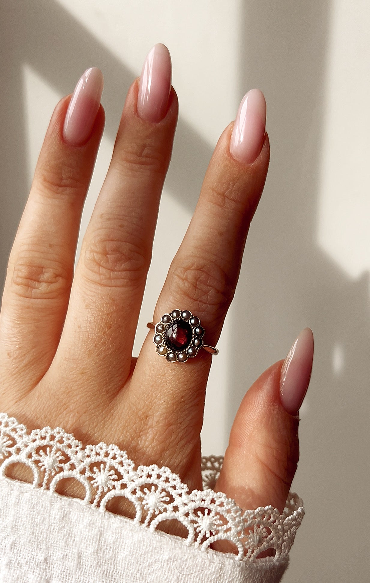 Very Lovely Late 19th Century Foil-backed Garnet and Split Pearl Ring