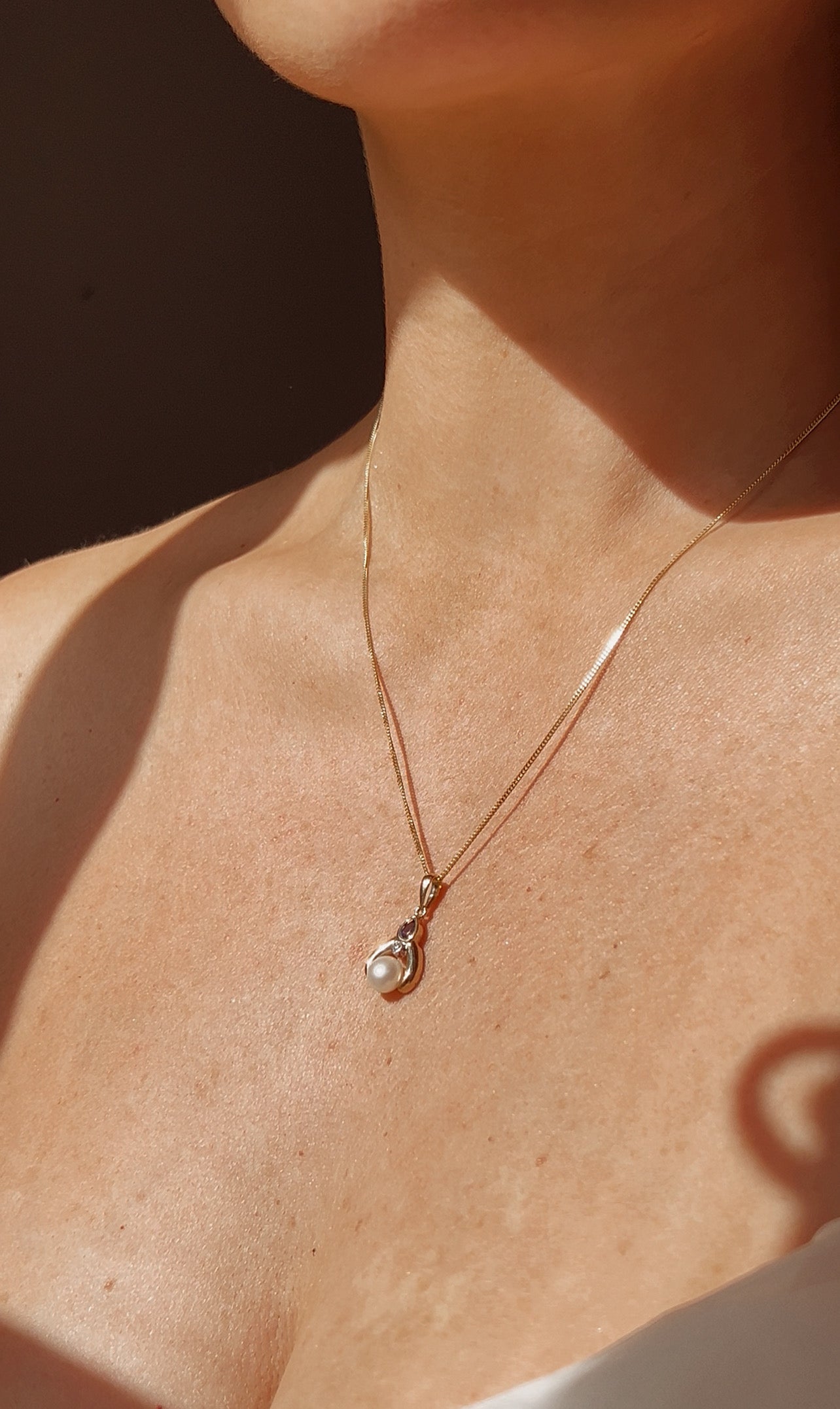 Sweet Vintage 9ct Gold Cultured Pearl, Sapphire and Diamond Pendant on a 9ct Gold Chain