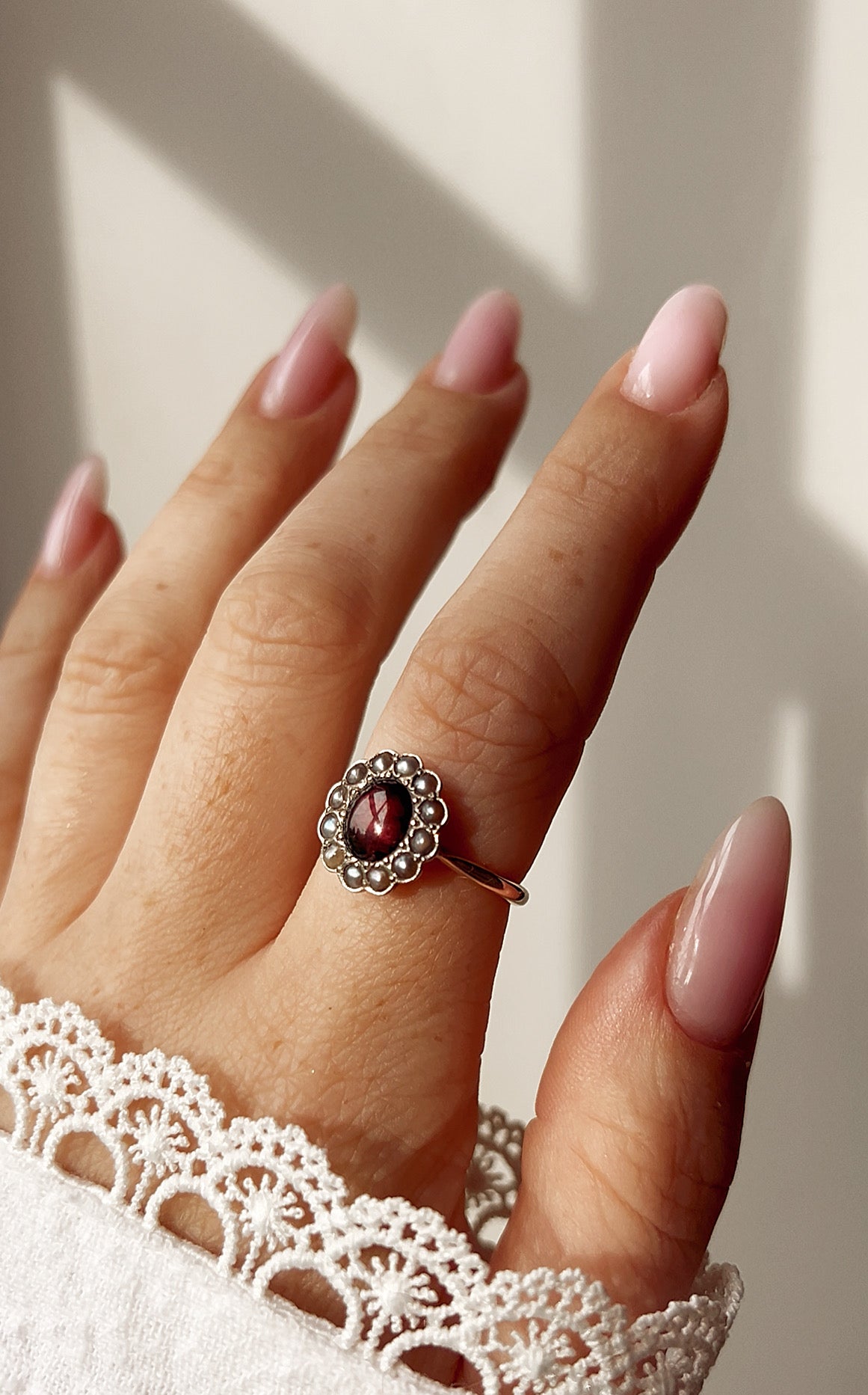 Very Lovely Late 19th Century Foil-backed Garnet and Split Pearl Ring