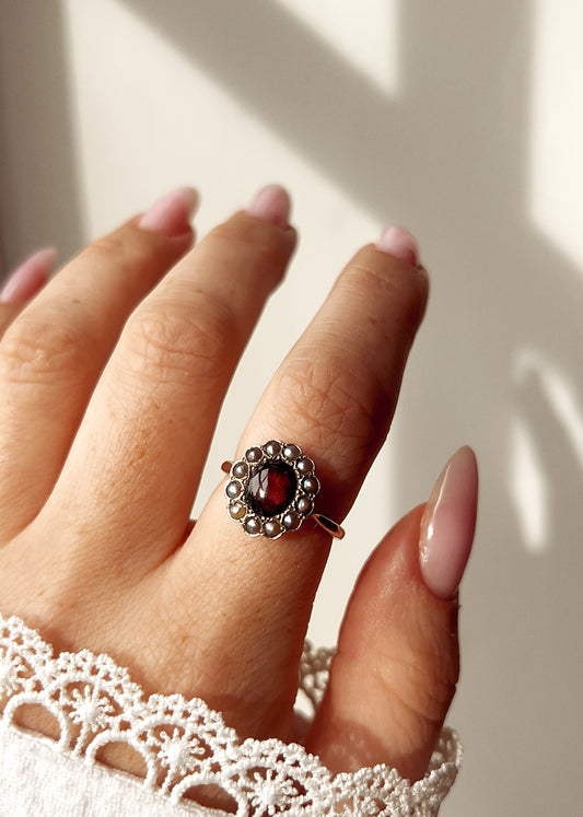 Very Lovely Late 19th Century Foil-backed Garnet and Split Pearl Ring