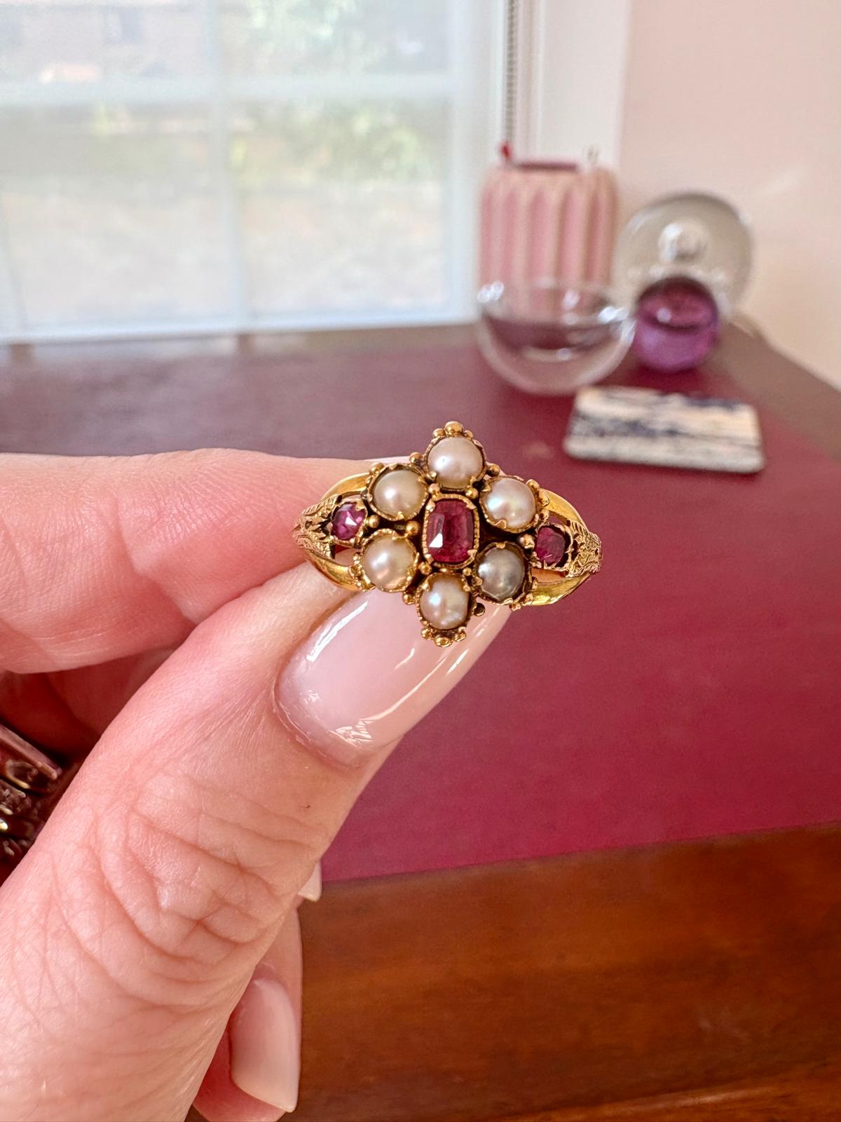 19th Century gold, ruby and split pearl ring, size M