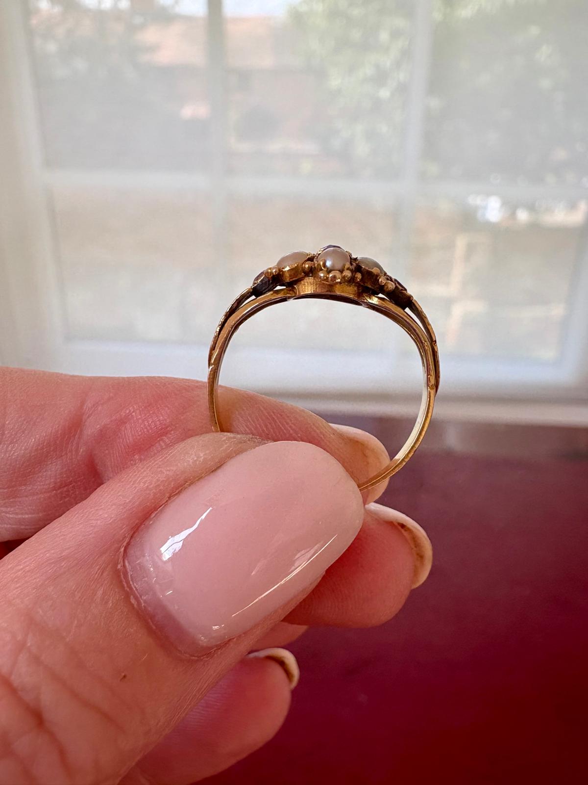 19th Century gold, ruby and split pearl ring, size M