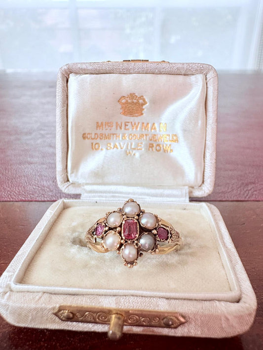 19th Century gold, ruby and split pearl ring, size M