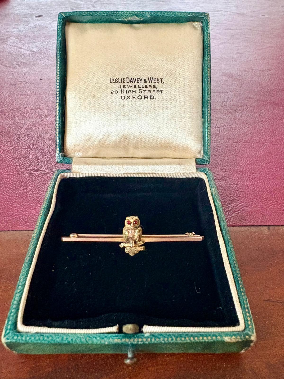 The Sweetest Antique 9ct Gold Owl Bar Brooch with Red Gem Eyes