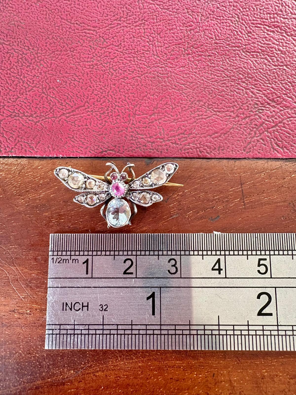 Beautiful Diamond, Aquamarine and Ruby Winged Insect Brooch