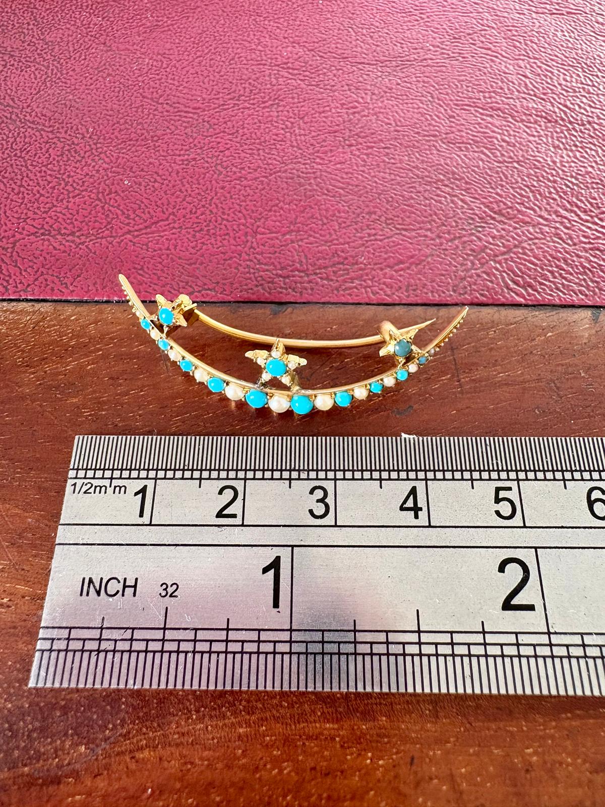 "I love you to the moon and back" Early 20th Century Turquoise and split pearl crescent brooch