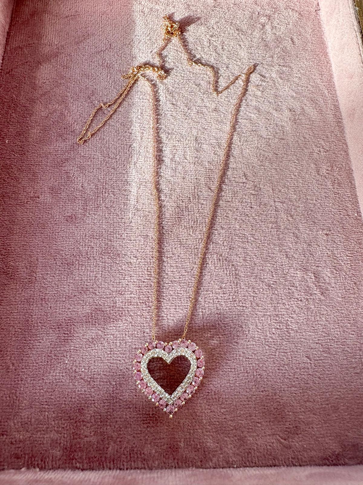 Very Beautiful Pink Sapphire and Diamond Heart Pendant on a 14K Gold Chain
