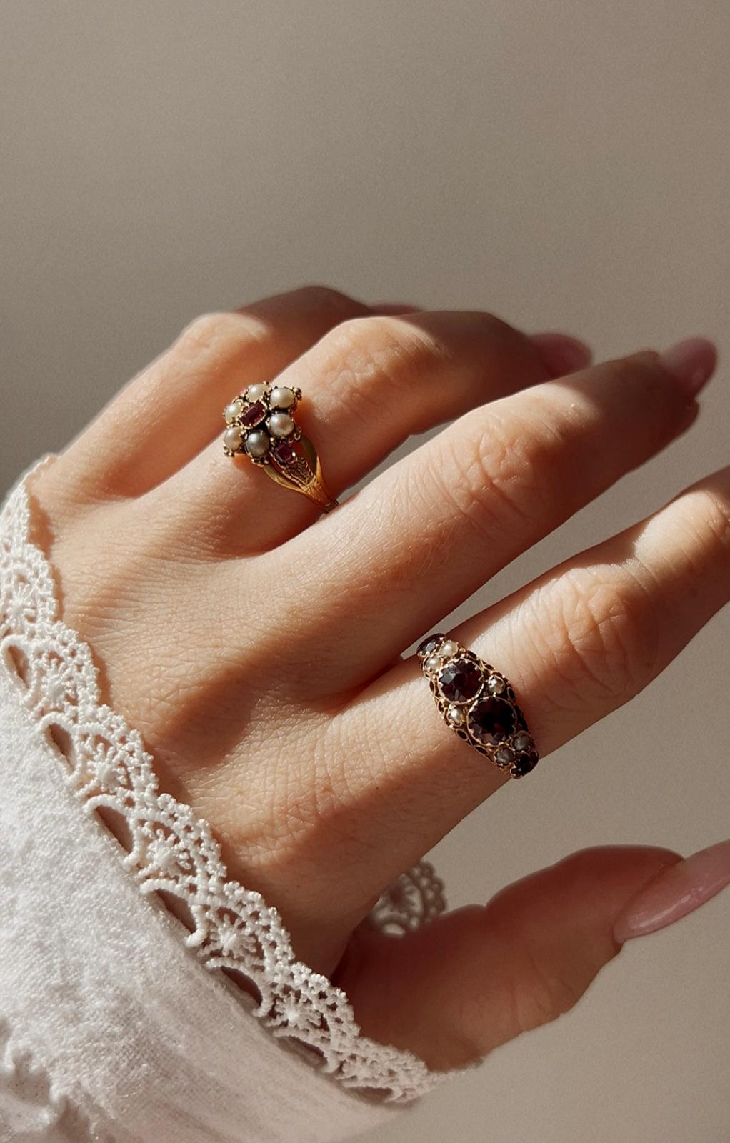 19th Century gold, ruby and split pearl ring, size M