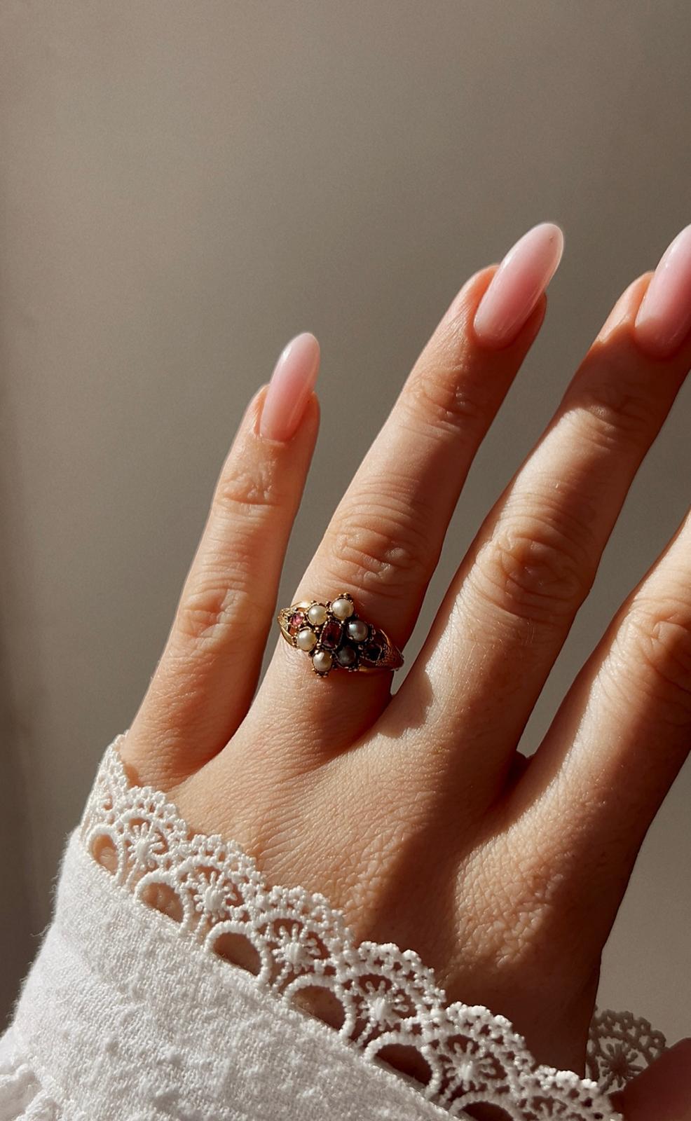 19th Century gold, ruby and split pearl ring, size M