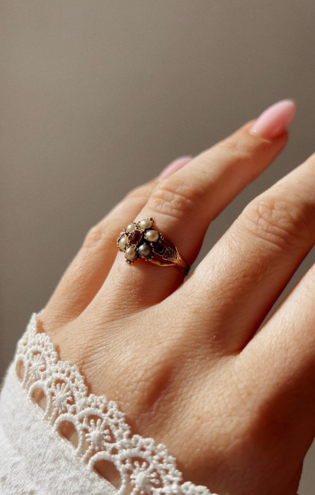 19th Century gold, ruby and split pearl ring, size M