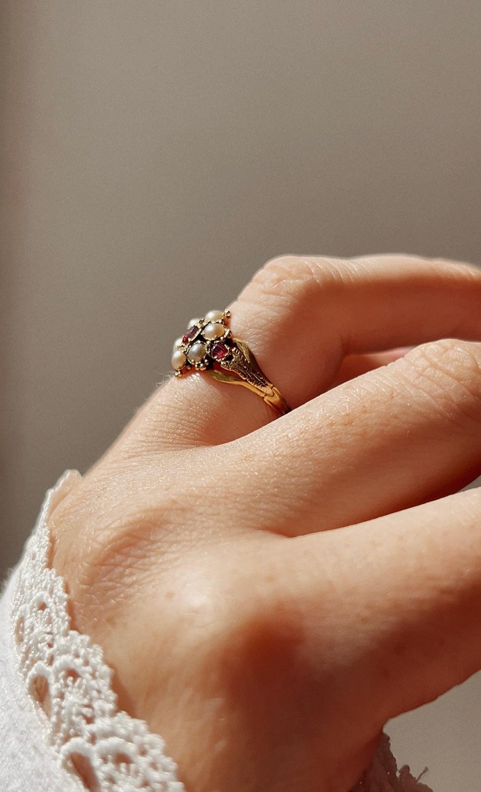 19th Century gold, ruby and split pearl ring, size M