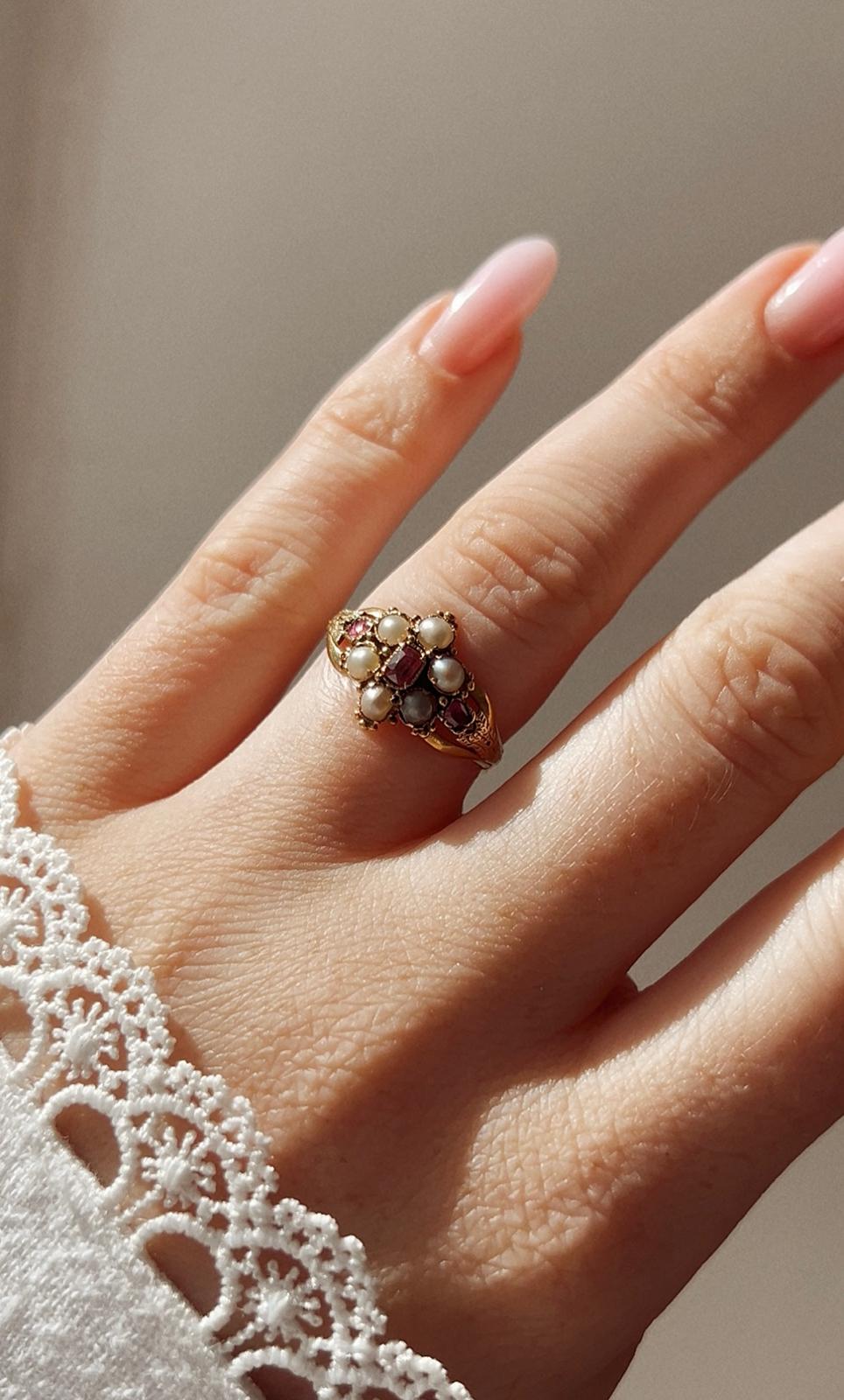 19th Century gold, ruby and split pearl ring, size M