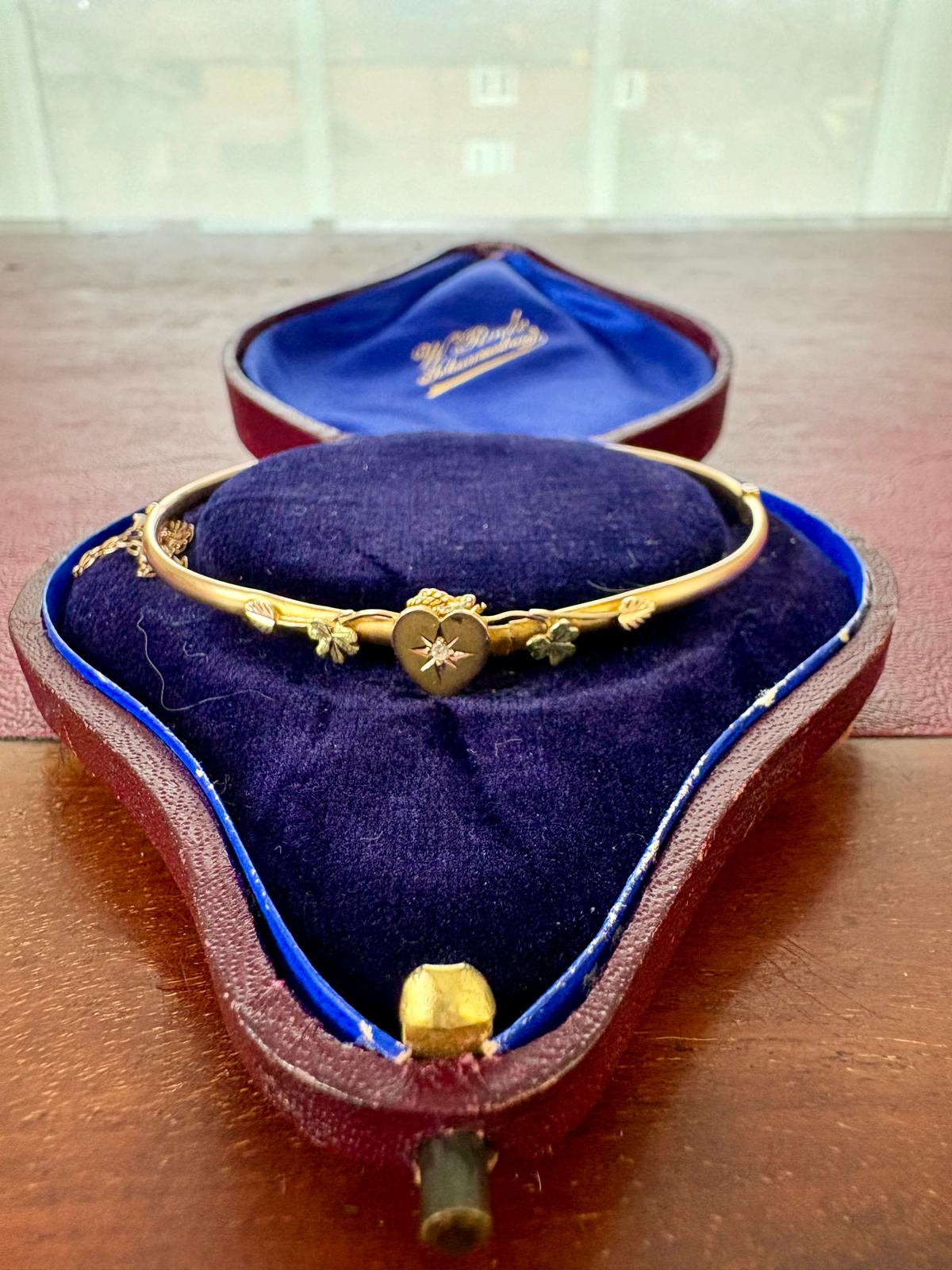 Pretty Victorian Gold and Diamond Heart Hinged Bangle