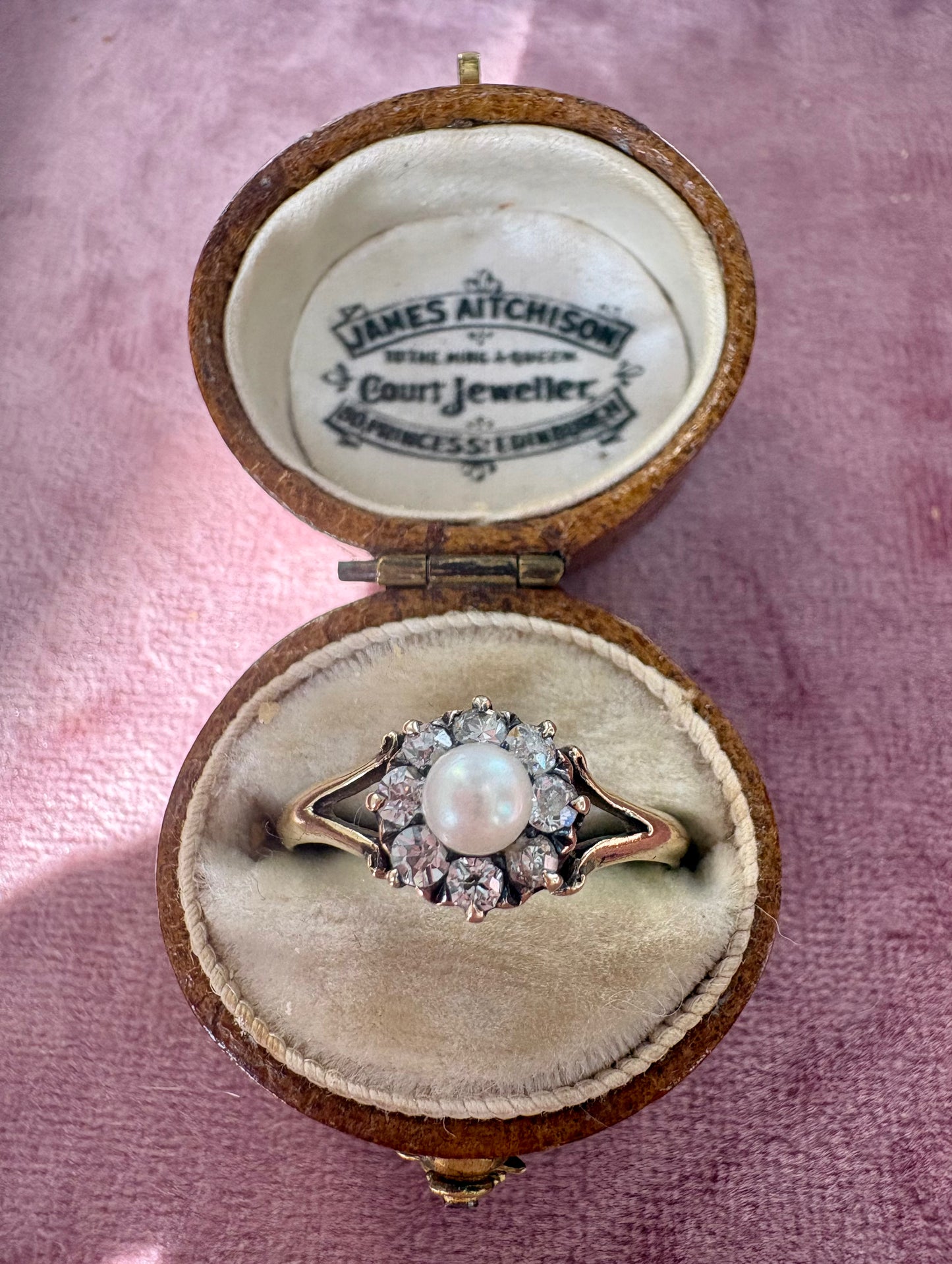 Beautiful Edwardian Gold, Pearl and Old-Cut Diamond Split-Shank Cluster Ring