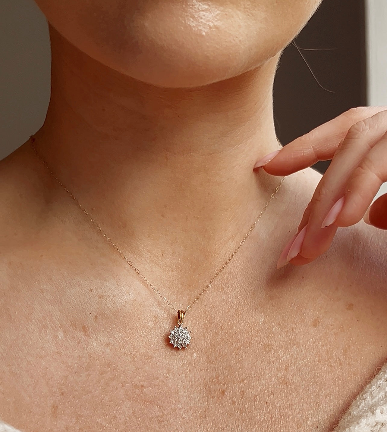 Sweet Vintage 9ct Gold and Diamond Cluster Pendant on a 9ct Gold Chain