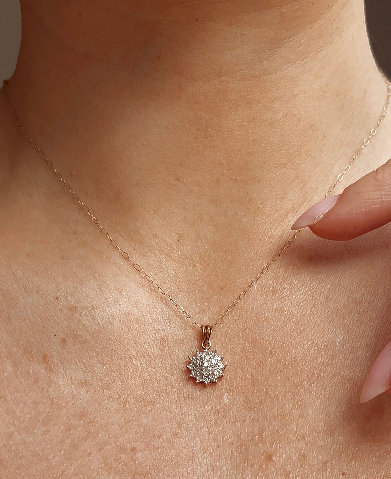 Sweet Vintage 9ct Gold and Diamond Cluster Pendant on a 9ct Gold Chain