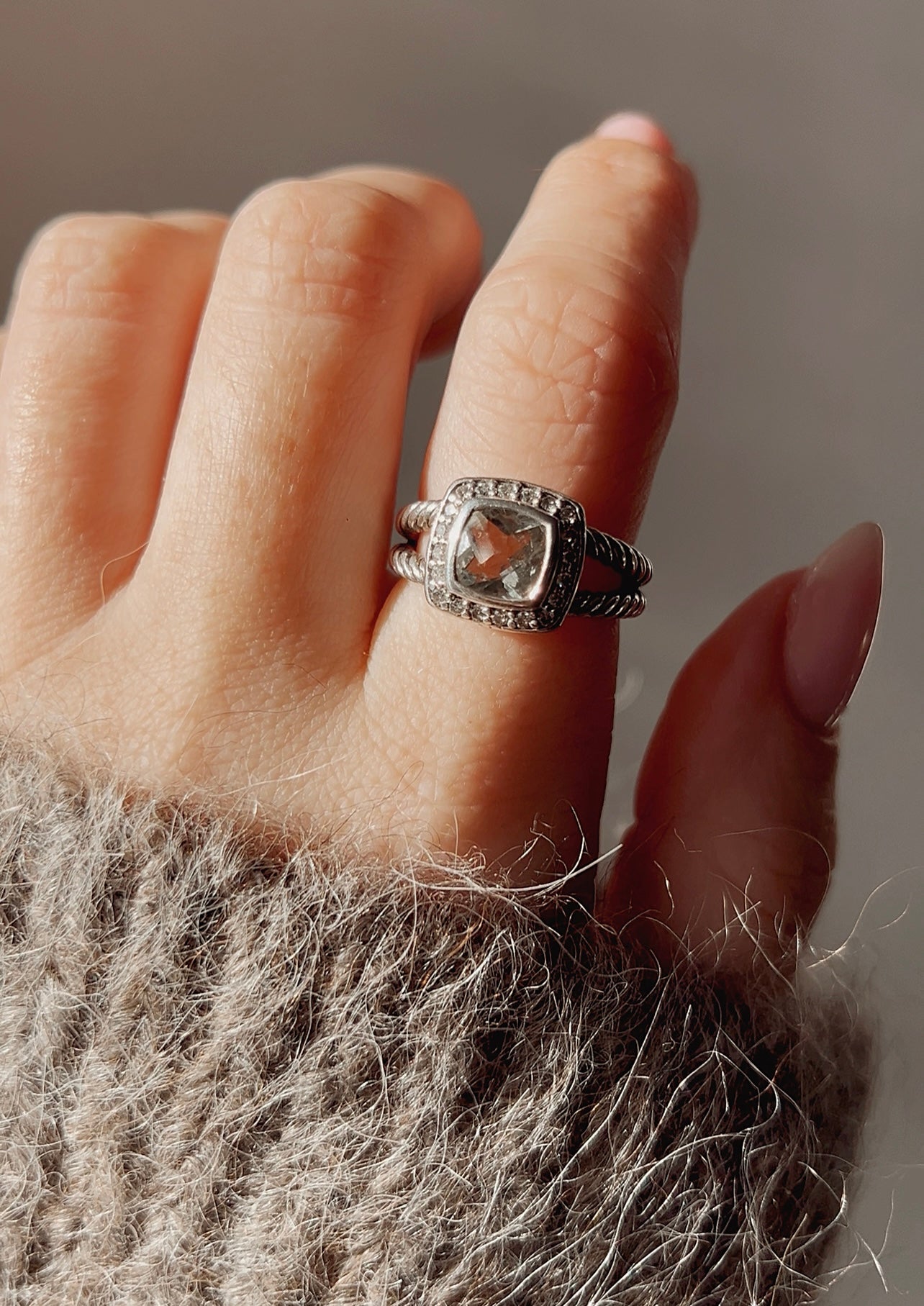 Gorgeous David Yurman Sterling Silver Albion White Topaz & Diamond Cable Ring