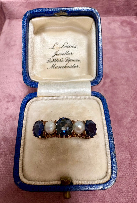 Wonderful Early 20th Century Blue Sapphire and Pearl Ring