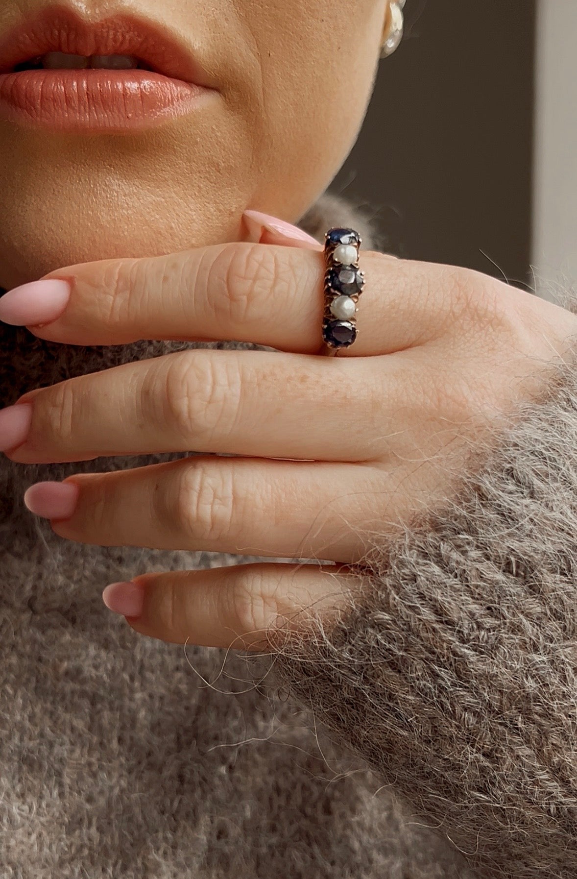 Wonderful Early 20th Century Blue Sapphire and Pearl Ring