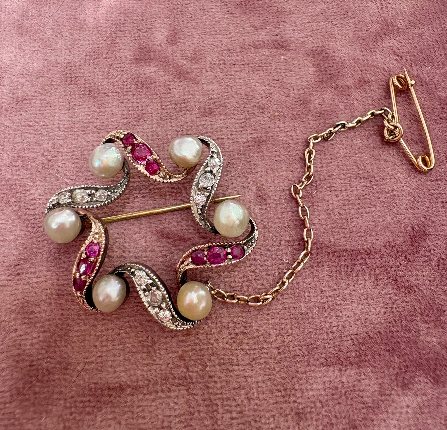 Beautiful Early 20th Century Pearl, Ruby and Diamond Brooch