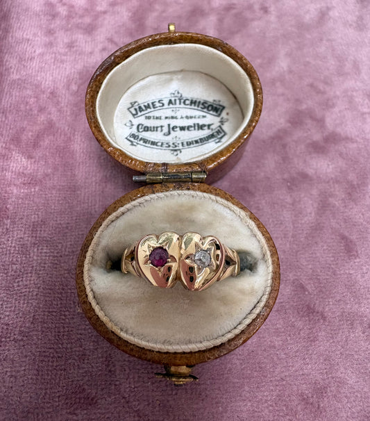 Wonderful Victorian 18ct Gold, Double Heart Ruby and Diamond Ring