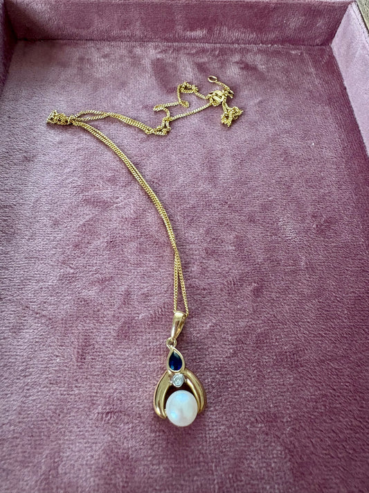 Sweet Vintage 9ct Gold Cultured Pearl, Sapphire and Diamond Pendant on a 9ct Gold Chain